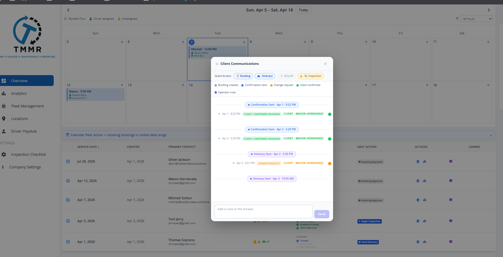 Driver communication panel with in-app message thread