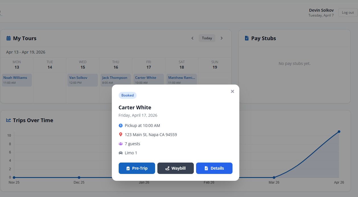 Driver performance tracking tour detail showing booking status and tour info