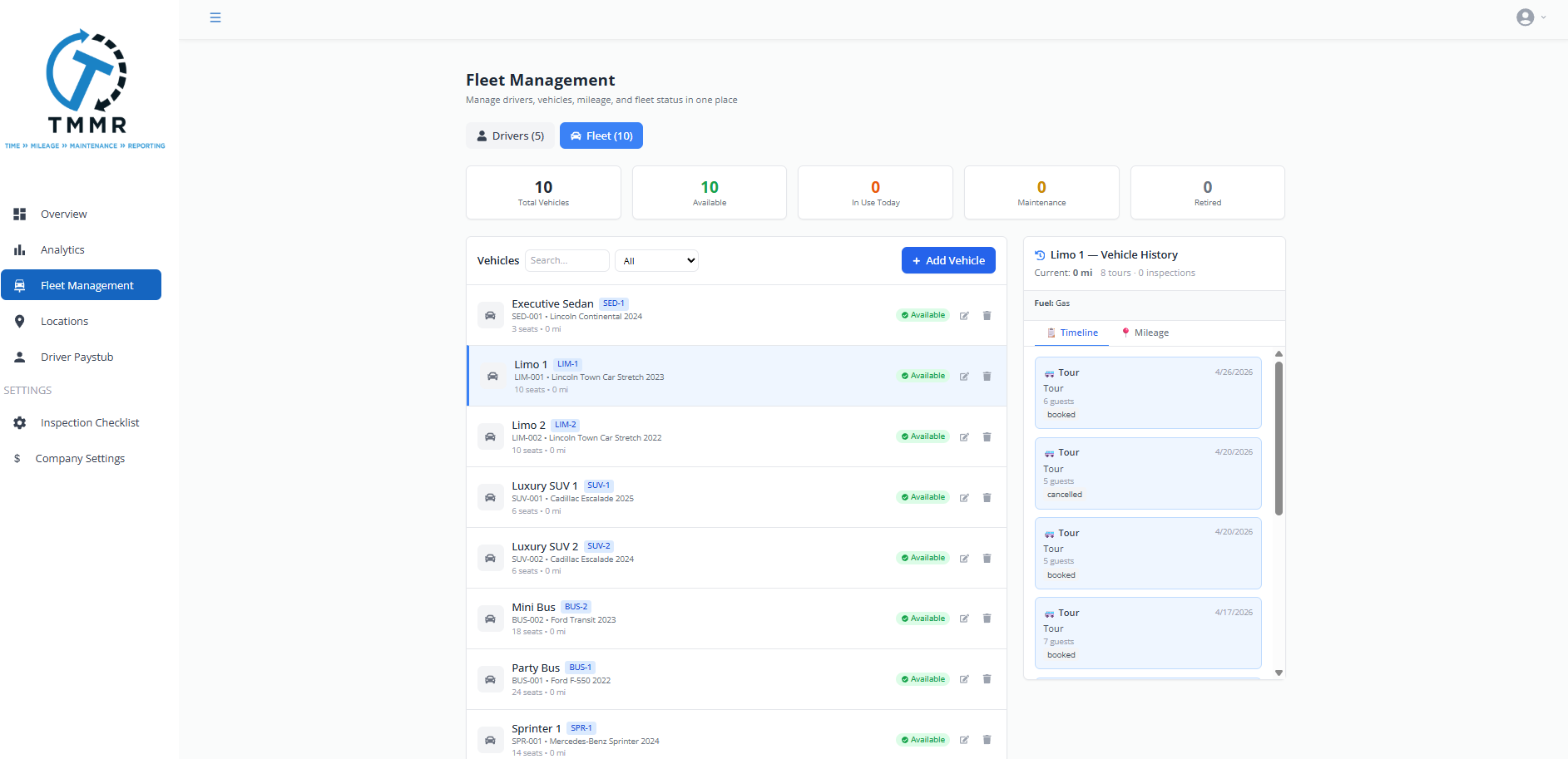 Tour Management Made Right fleet management with vehicle mileage and fuel tracking