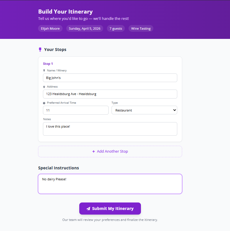 Tour Management Made Right guest itinerary builder form for submitting custom stops