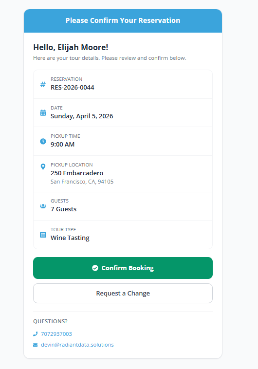 Tour Management Made Right guest mobile confirmation for tour booking and e-signature