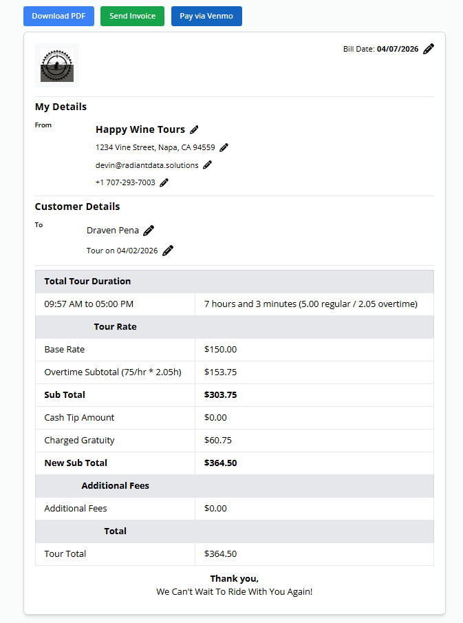 Tour expense tracking invoice with per-tour cost breakdown and total