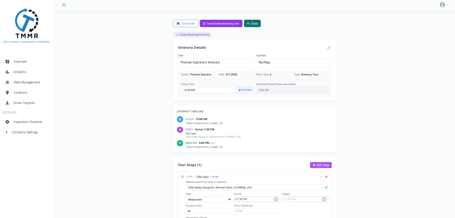 Tour Management Made Right itinerary builder with drag-and-drop stop ordering