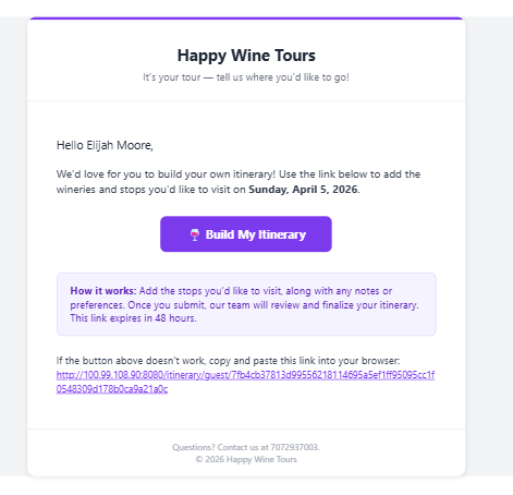 Waiver management software guest itinerary email invite with digital confirmation link