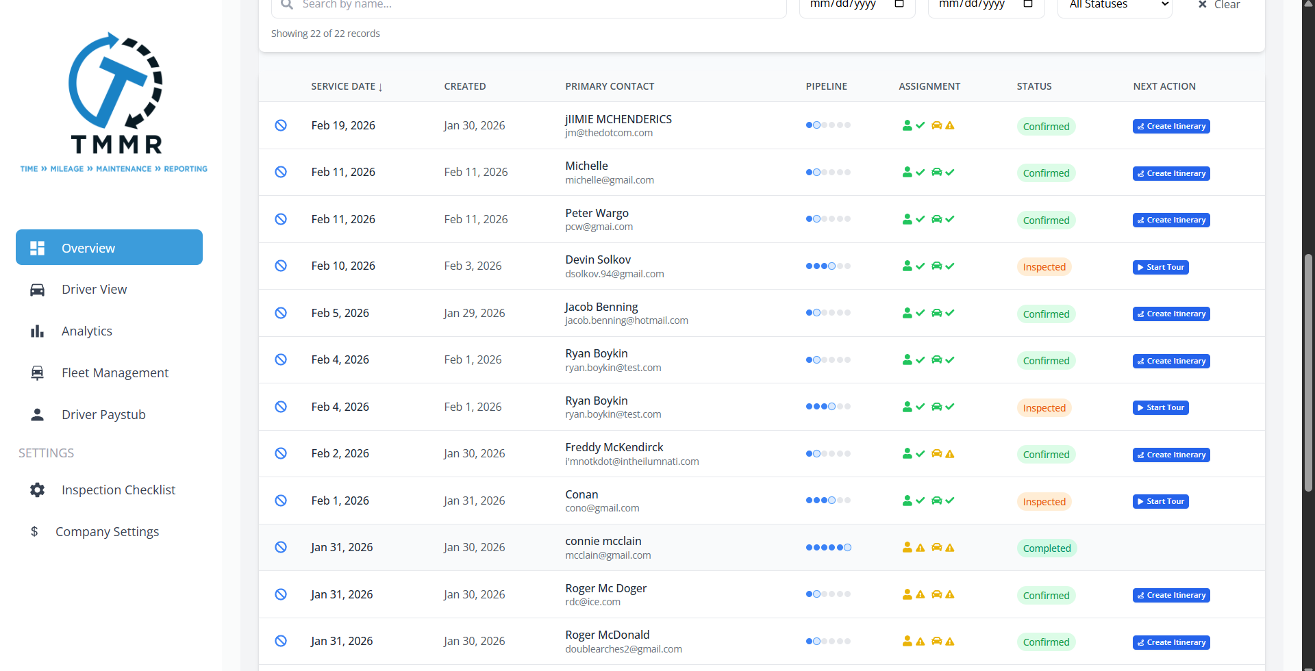 Tour Management Made Right tour list showing service dates, contacts, pipeline, and assignment status