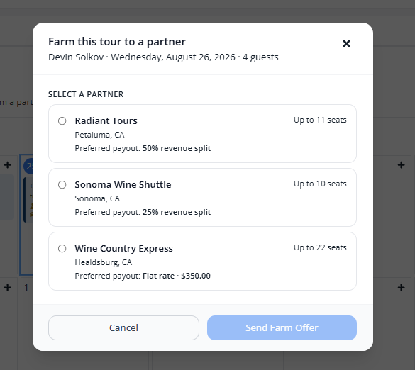TMMR farm a tour modal showing partner selection and payout terms